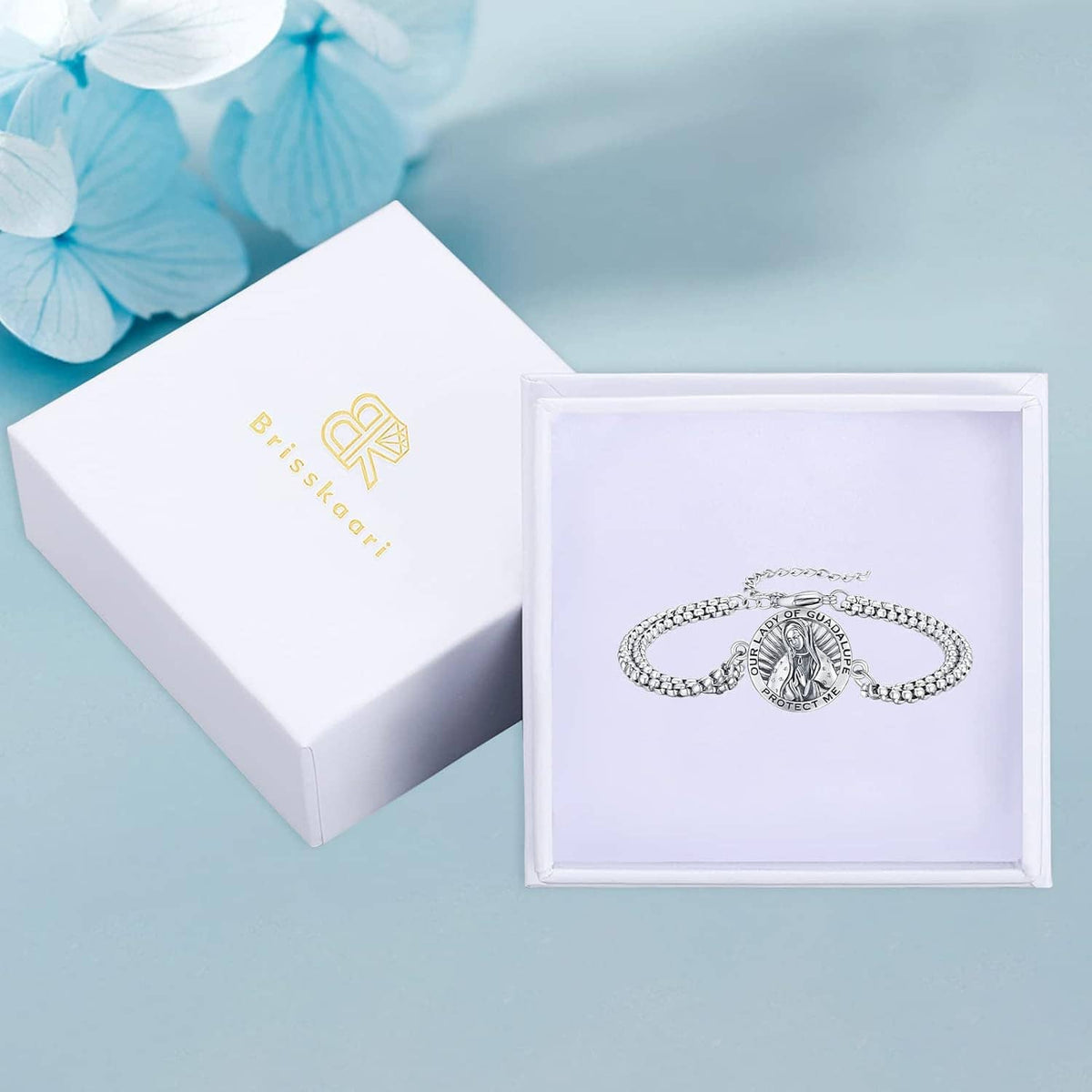 Silver chain bracelet with Our Lady of Guadalupe medallion in gift box
