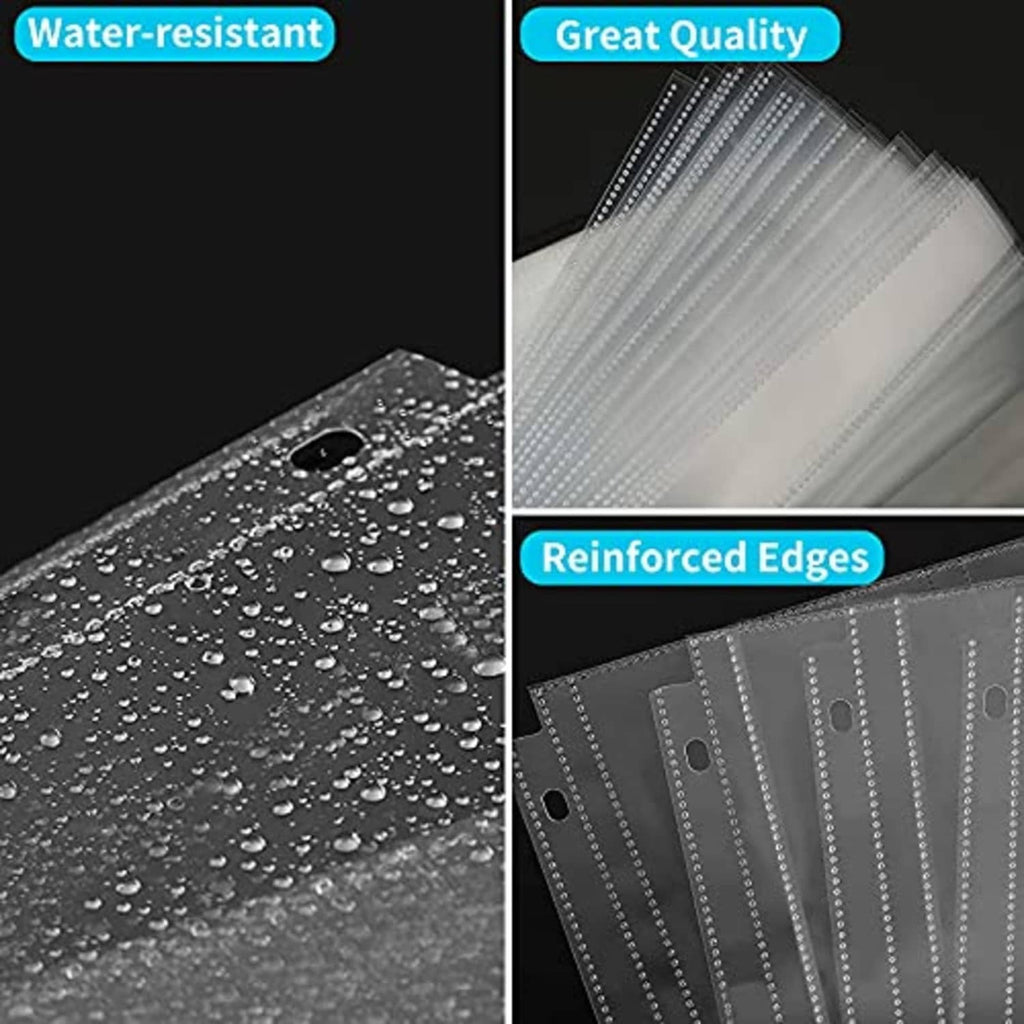 Water-resistant clear photo sleeves with reinforced edges and 3-hole punch