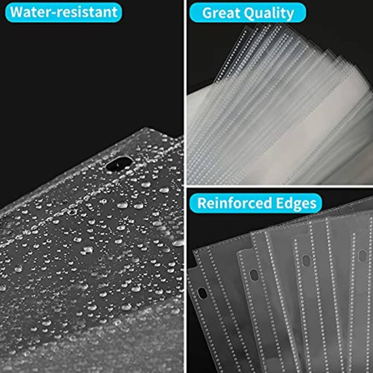 Water-resistant clear photo sleeves with reinforced edges and 3-hole punch