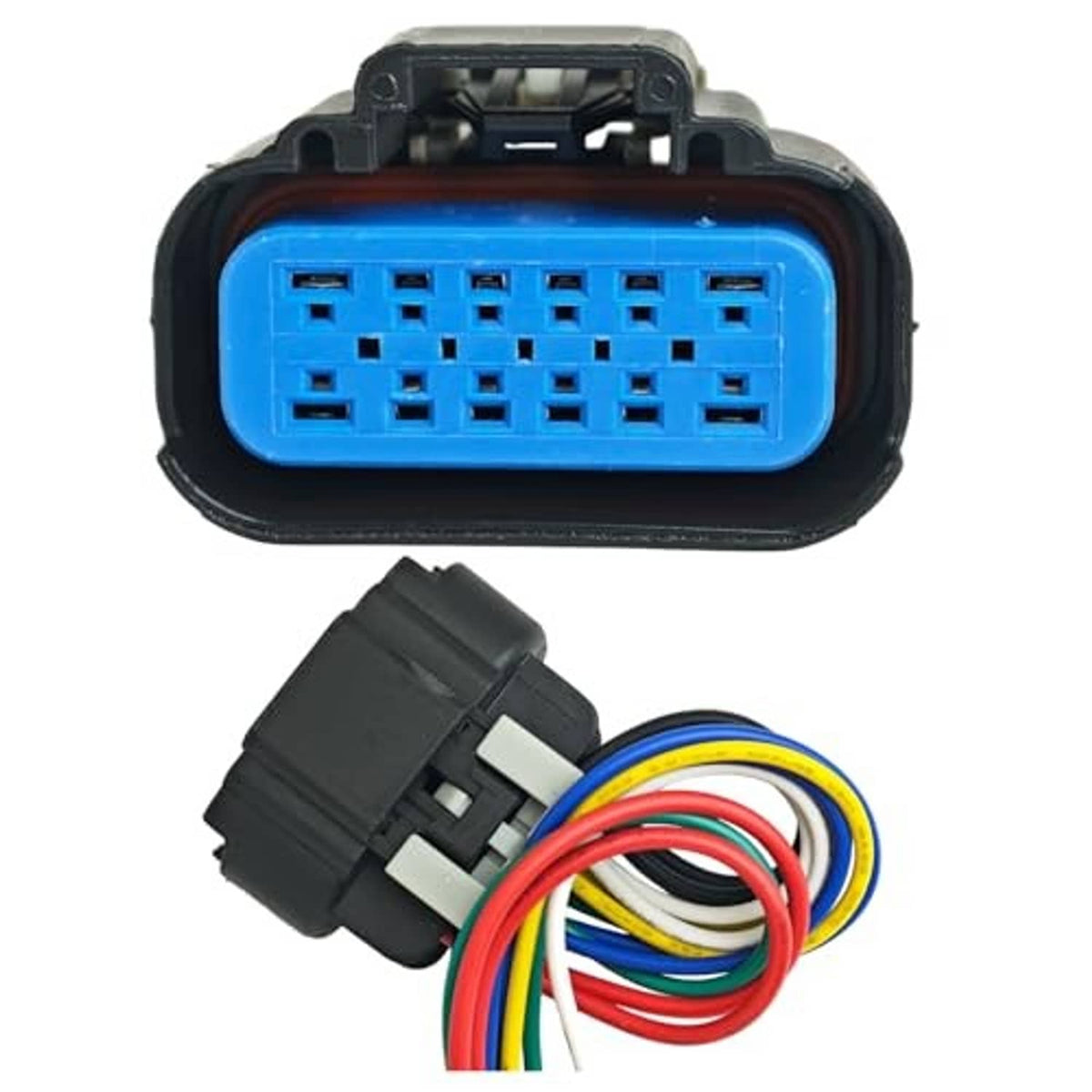 Headlight connector pigtail with blue connector housing and multicolor wire harness