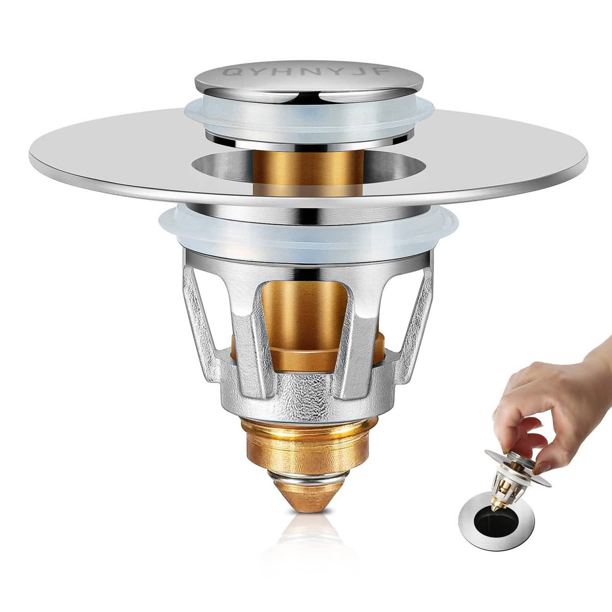 Chrome bathroom sink stopper with hair catcher cap and internal strainer, shown with hand
