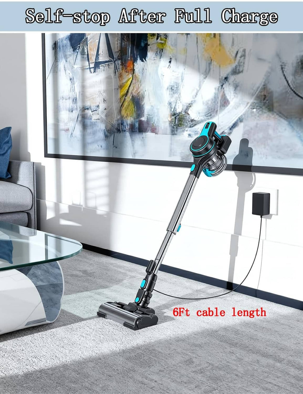 Black vacuum charger adapter and cord connected near wall outlet