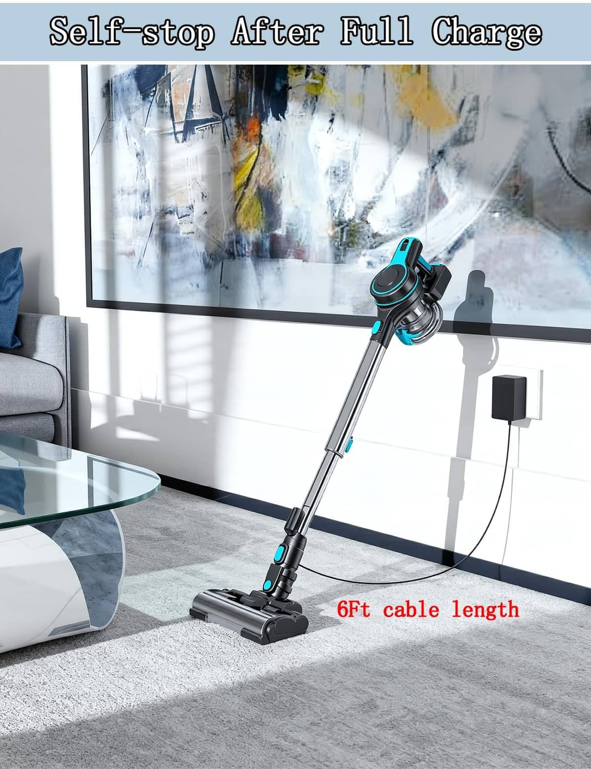 Black vacuum charger adapter and cord connected near wall outlet