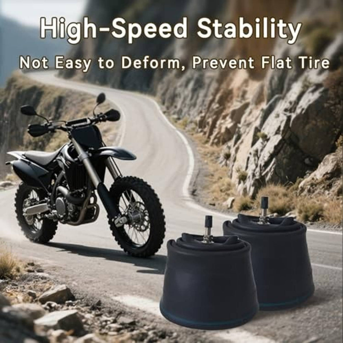 Black inner tube replacement with valve stem beside a dirt bike on a road