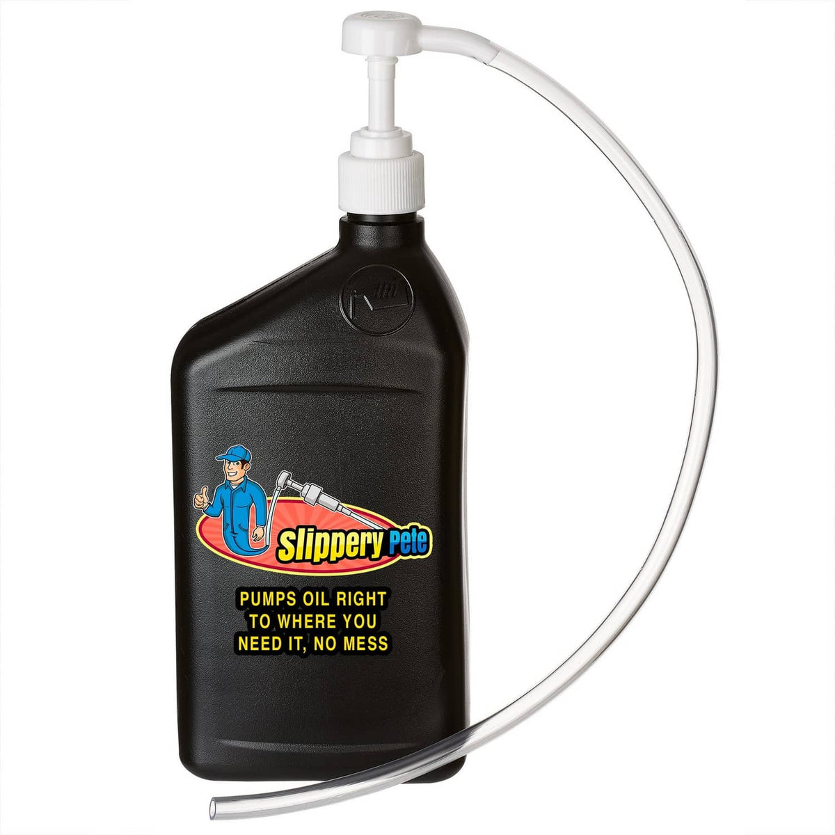 Slippery Pete oil transfer pump assembly with white pump top on black quart bottle