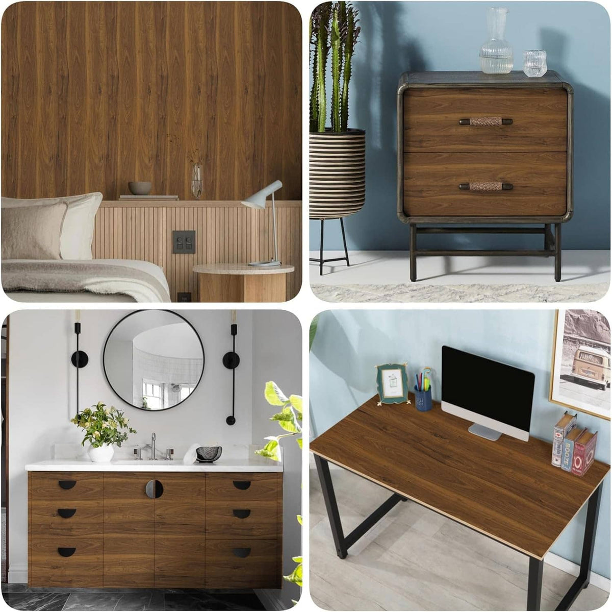 Wood grain contact paper used on furniture surfaces including dresser, desk, and vanity wall