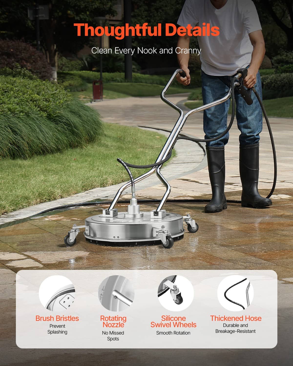 Pressure washer surface cleaner on patio with dual handles and 4 wheels for outdoor cleaning