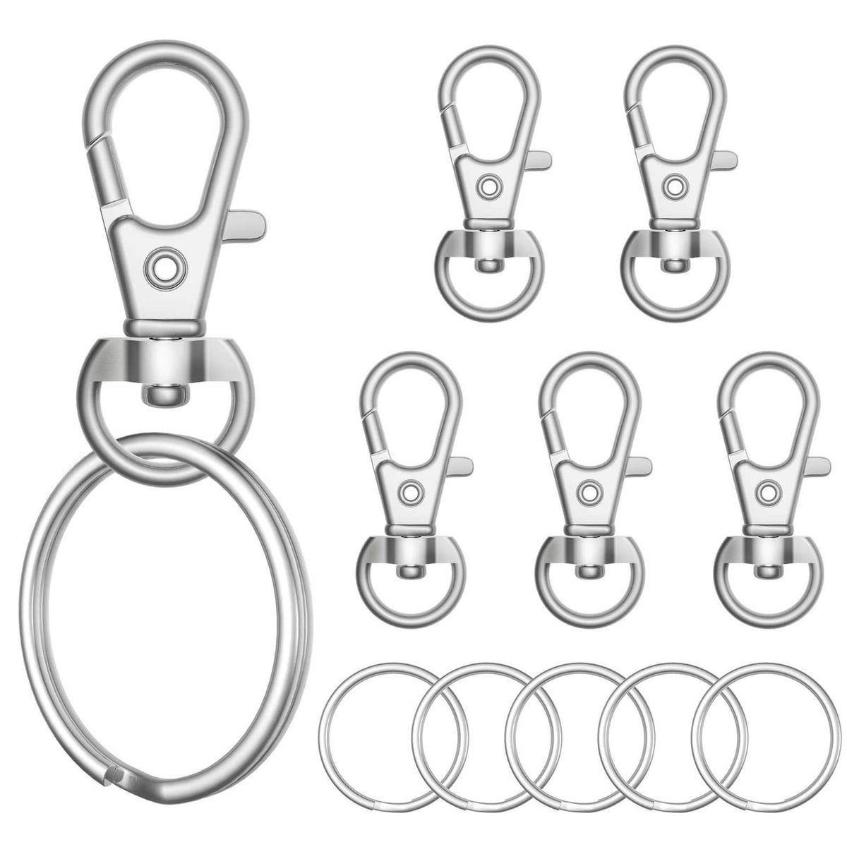 Metal lobster claw key ring clasps, bulk set with round key rings, silver tone