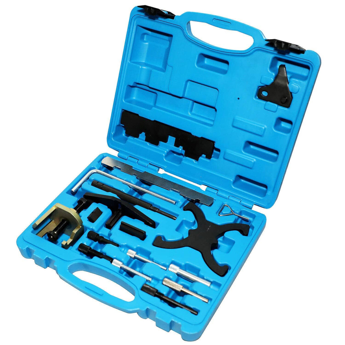 Engine timing tool kit with blue plastic case and metal rods