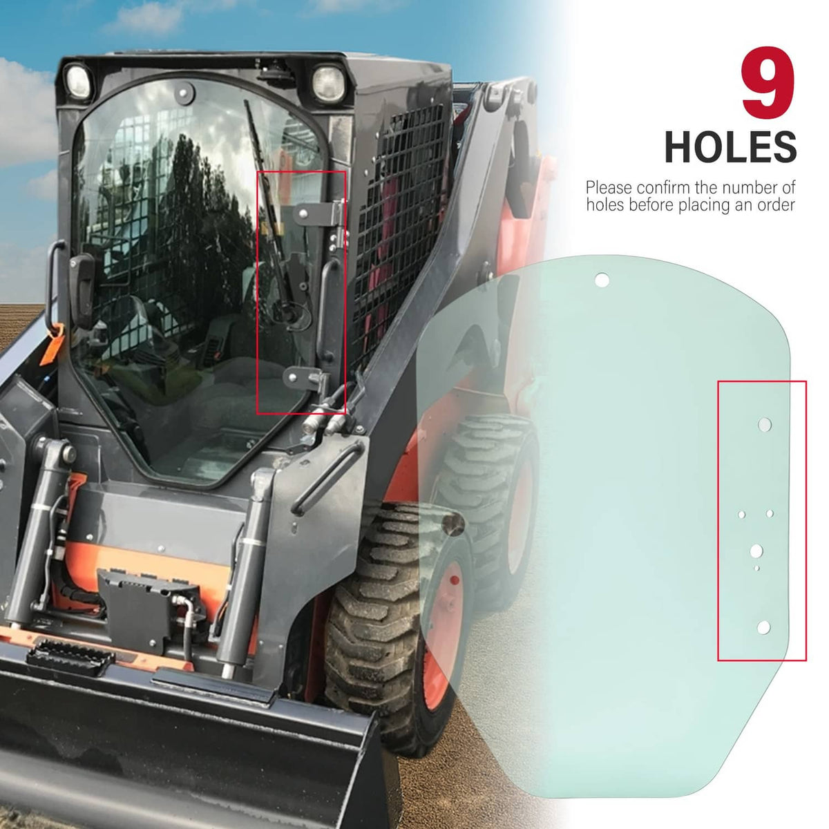 Cab door glass shown with visible mounting holes; rounded panel for skid steer cab.