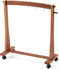 Wood gong chime stand with caster wheels and five hanging hooks, rectangular frame base