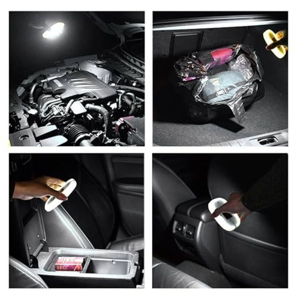 Black dome car light shown in multiple interior positions near seats and dashboard