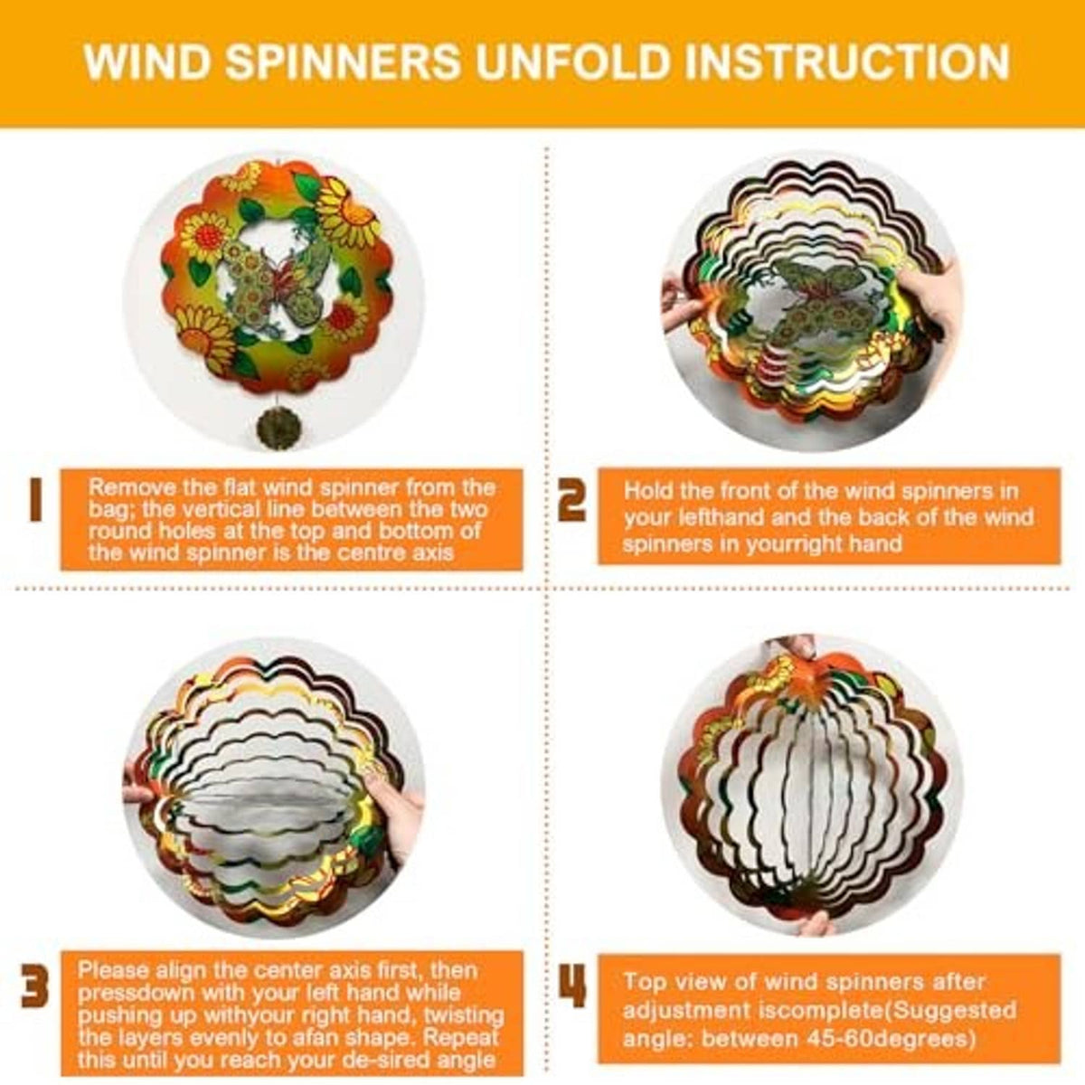 Wind spinner instruction panel showing butterfly flower spinner with orange and green colors