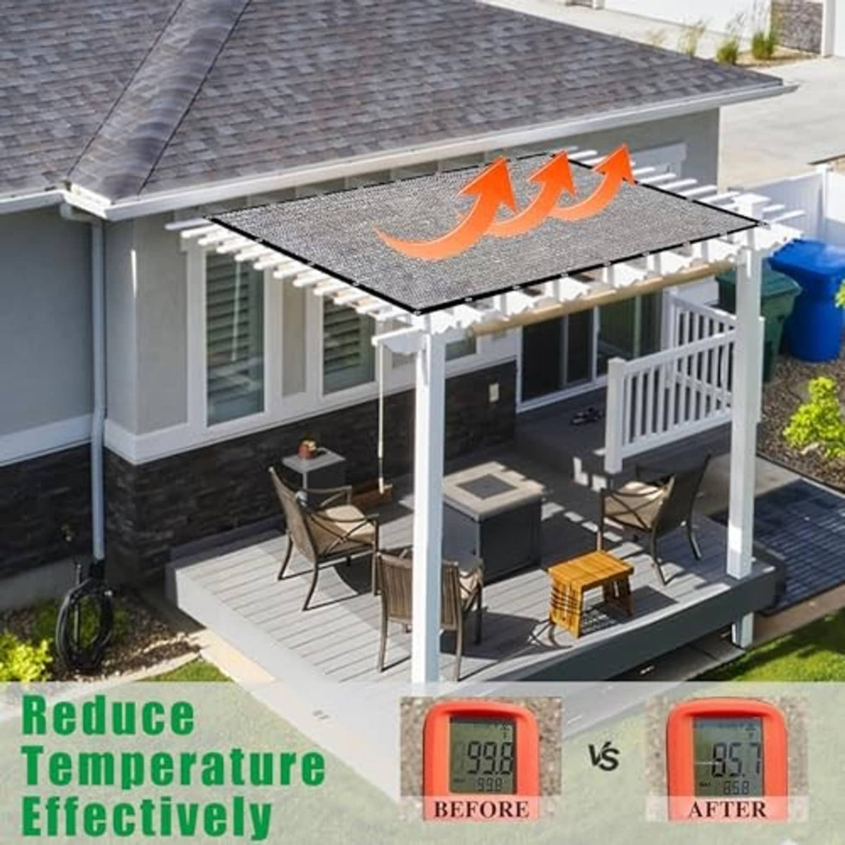 Gray mesh tarp canopy stretched over a patio pergola with chairs and hanging lights.