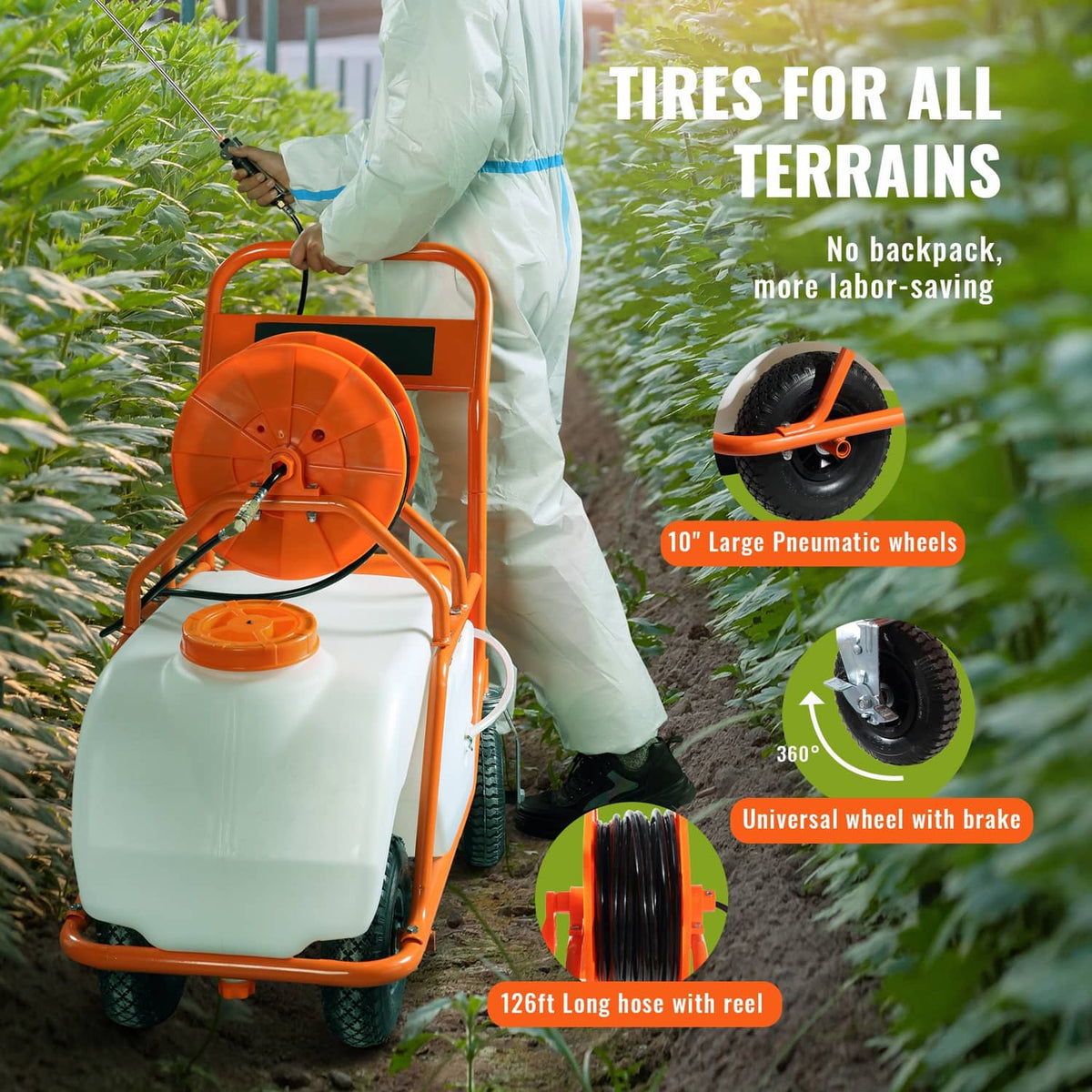 Battery lawn sprayer cart with large pneumatic wheels, orange frame, and white tank