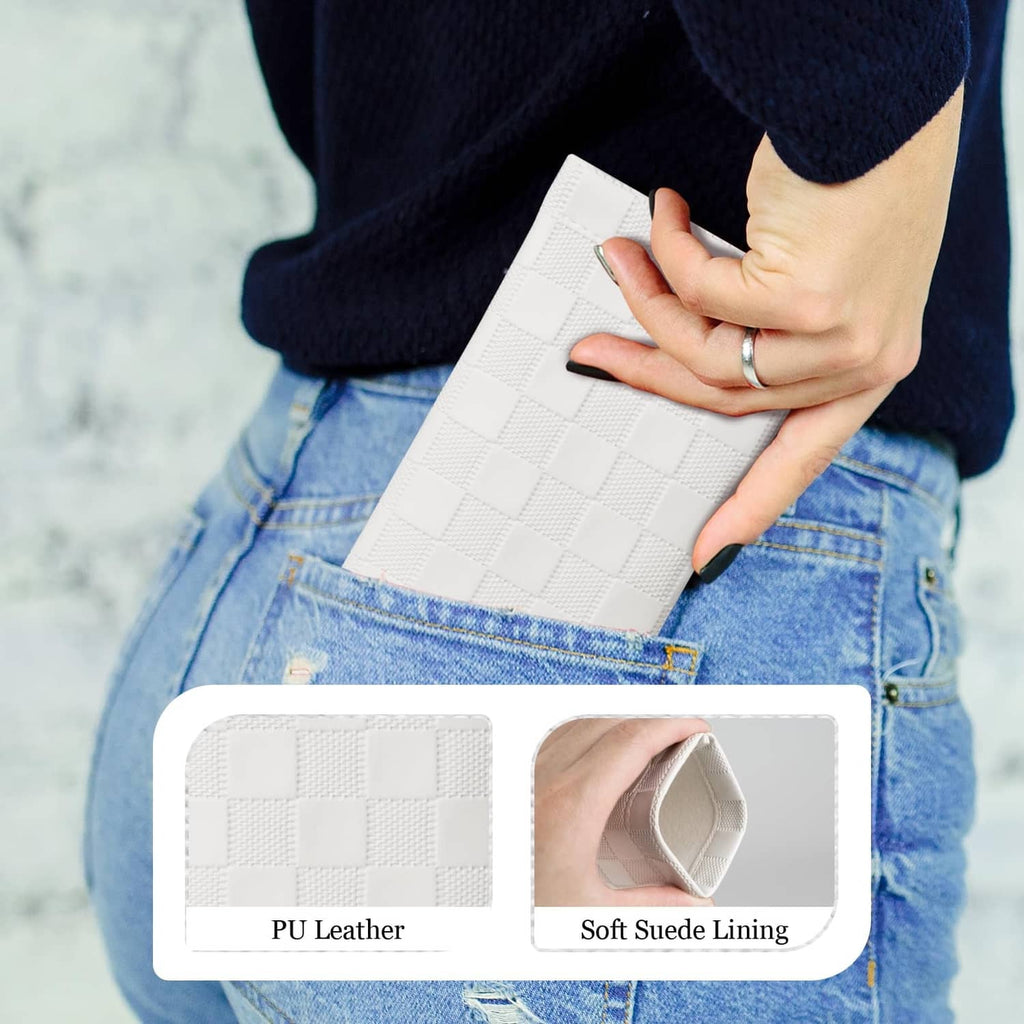 White checkered squeeze-top sunglasses case with PU leather exterior and soft lining