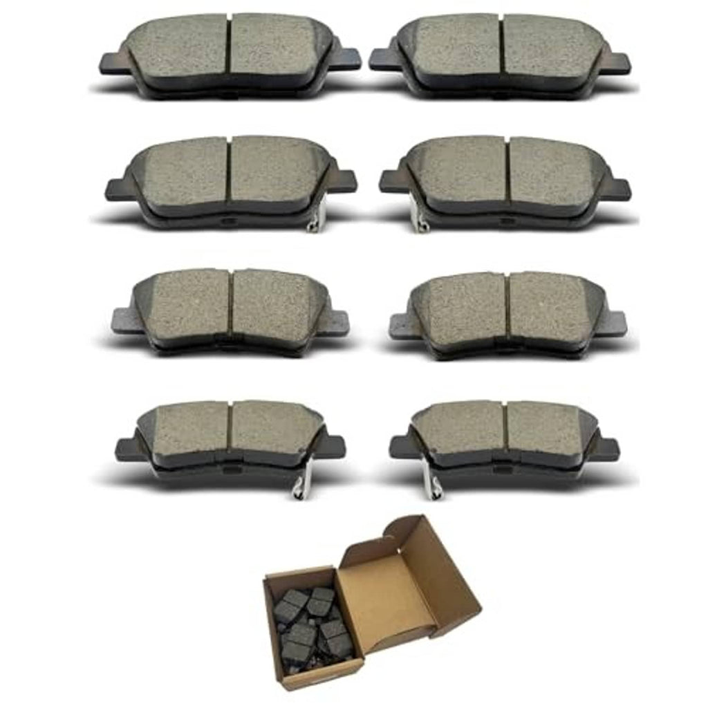 Brake pad set with eight gray friction pads, boxed set shown with four pairs