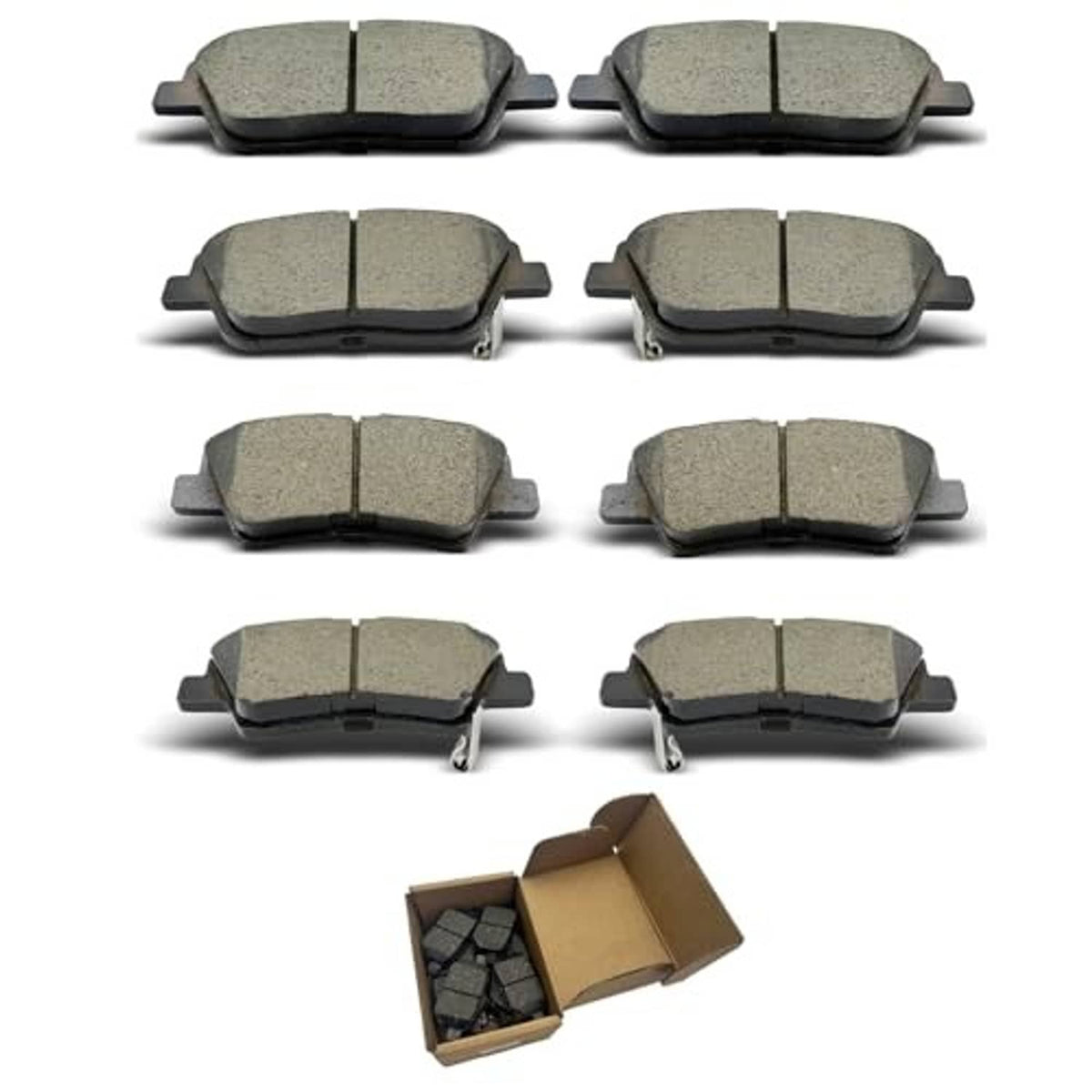 Brake pad set with eight gray friction pads, boxed set shown with four pairs