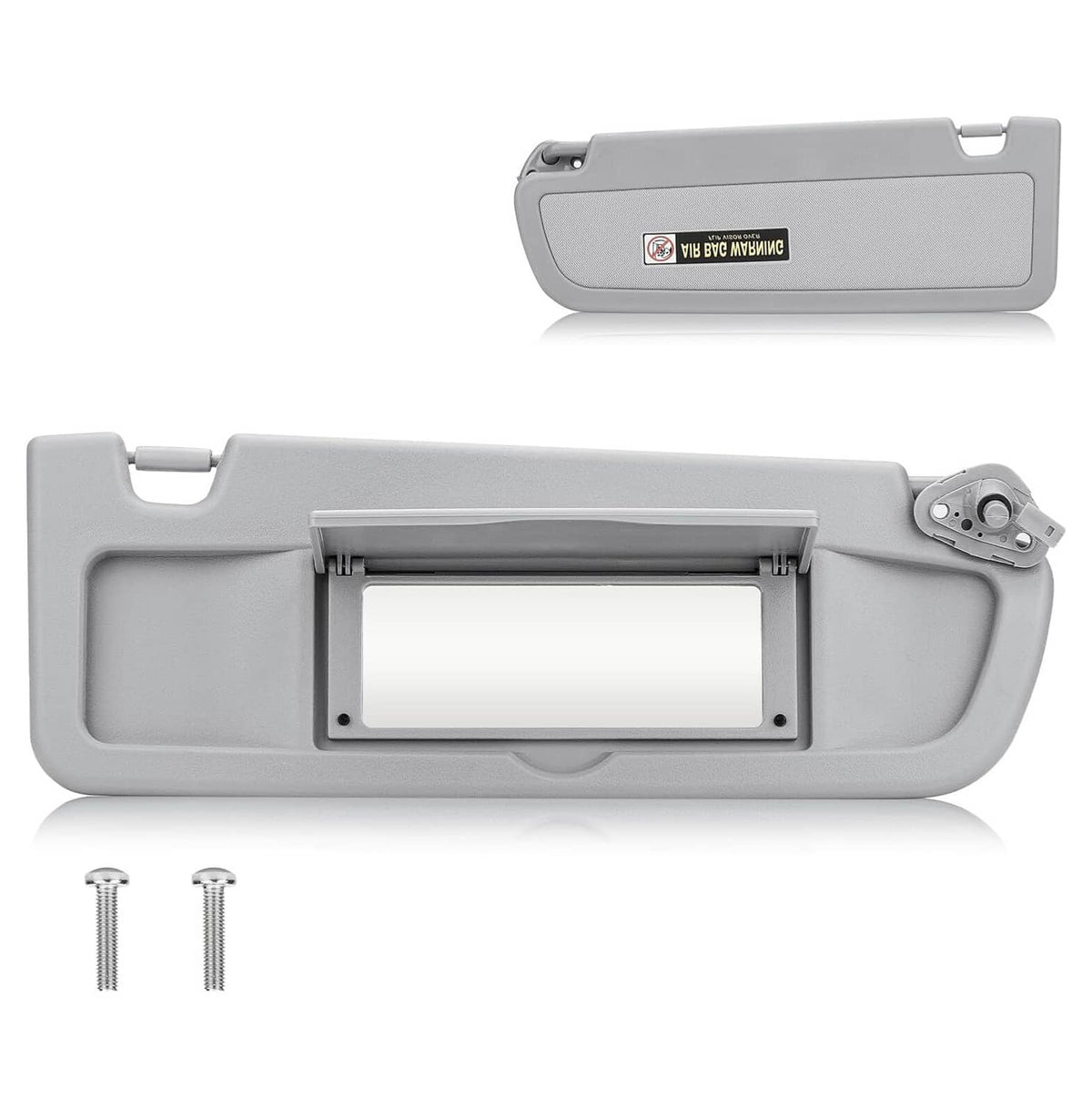 Grey right passenger sun visor with mirrored cutout opening, disassembled view