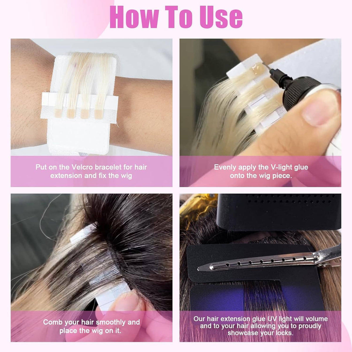 How-to use panels for UV glue hair extensions: bracelet, glue application, and curing