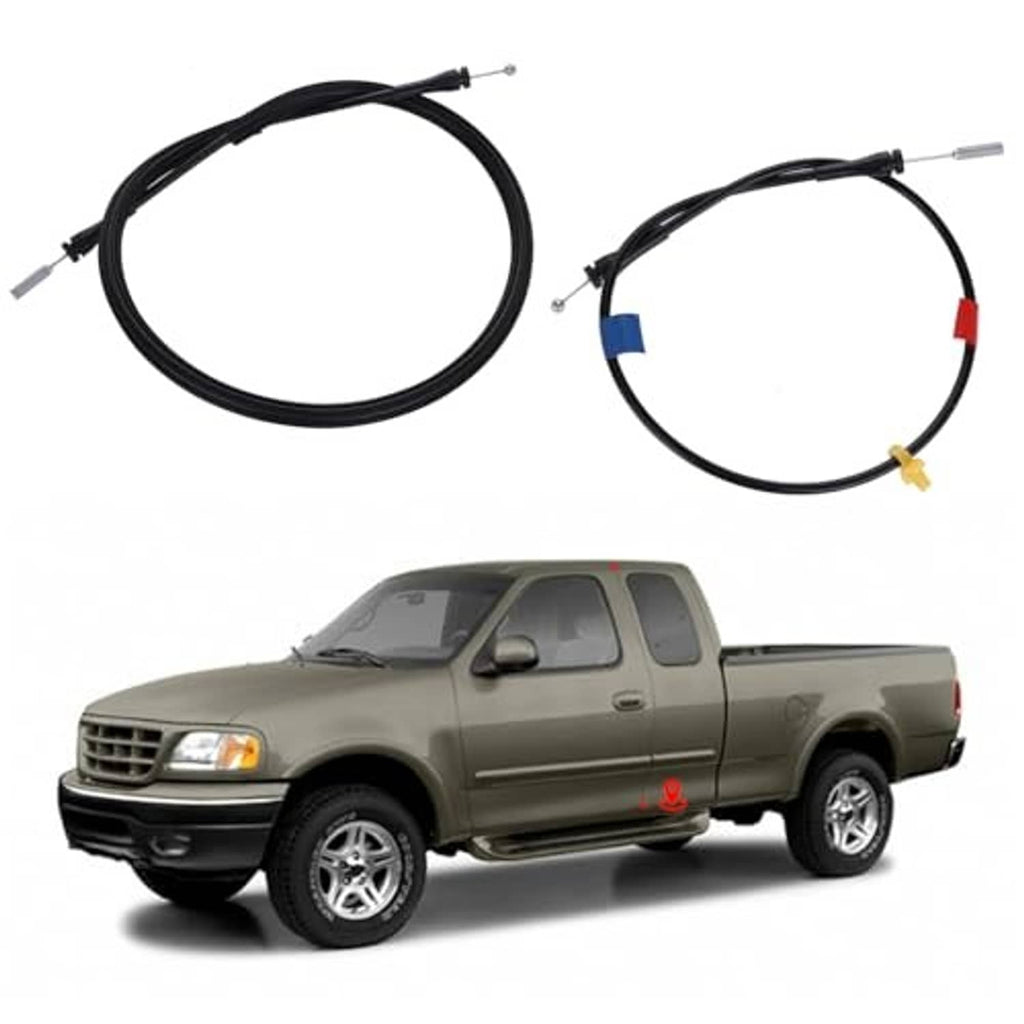 Two black door latch release cables with colored connectors and metal ends