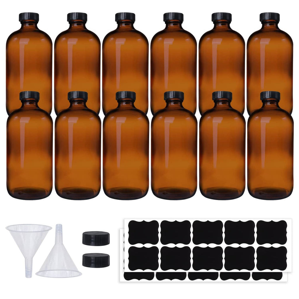 Set of amber Boston round glass bottles with black caps, 12-pack view.