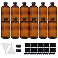 Set of amber Boston round glass bottles with black caps, 12-pack view.