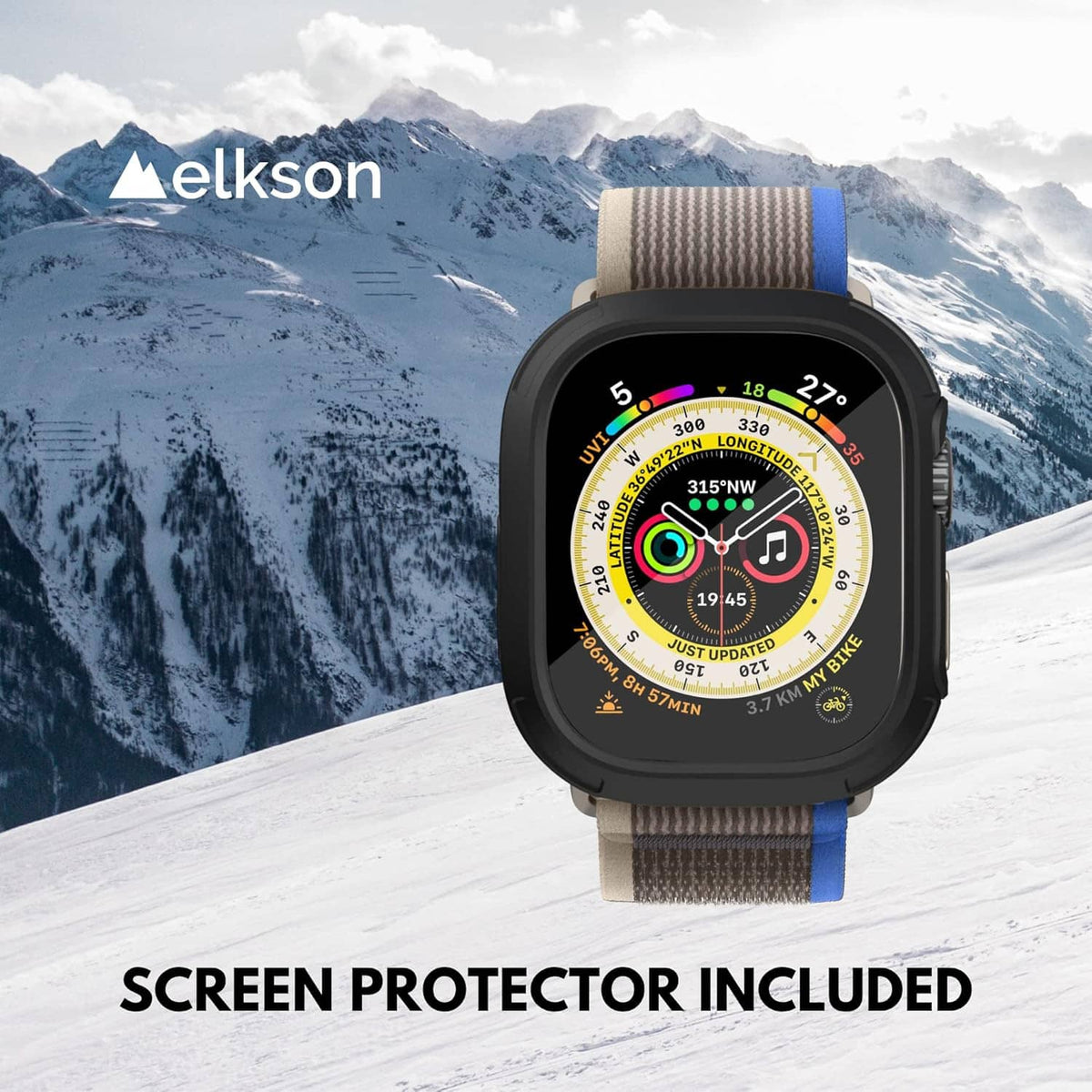 Dark gray bumper case with tempered glass, on blue fabric strap
