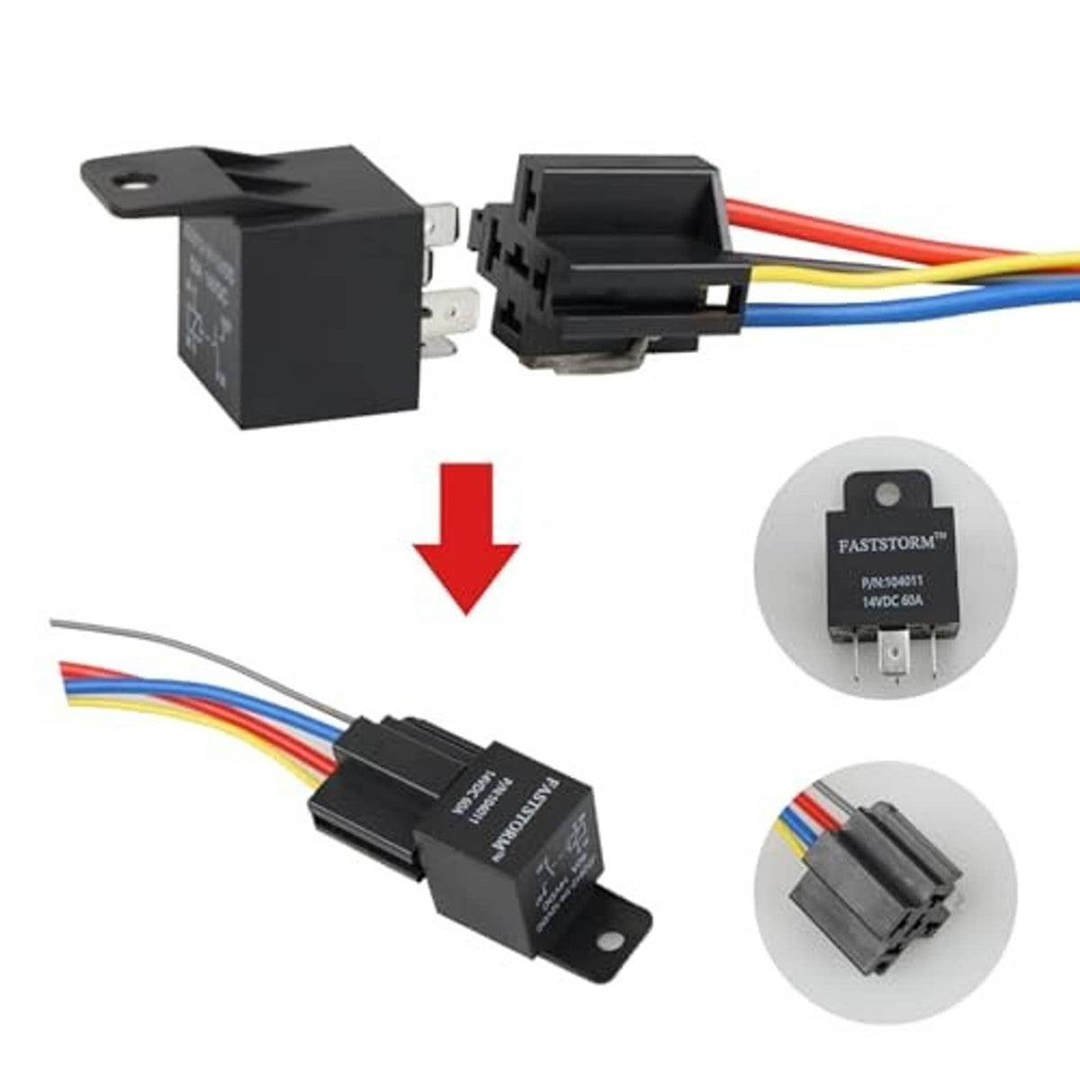 Black relay modules with multi-color wiring pigtails for dual electric fan control
