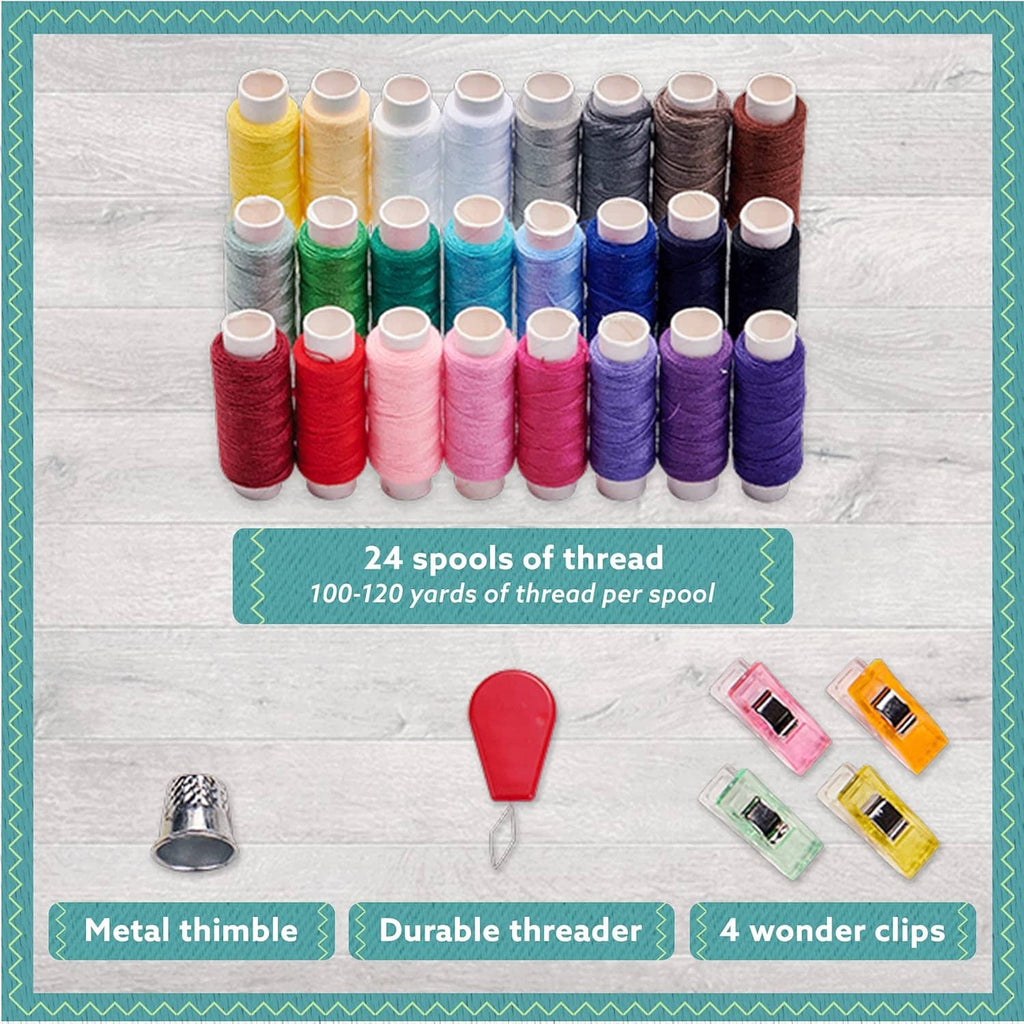 24 thread spools in mixed colors with a metal thimble, threader, and clips included
