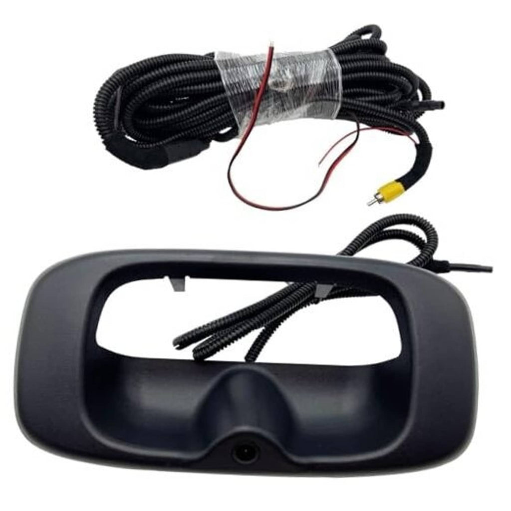 Rear view camera tailgate handle bezel with black wiring harness and connector