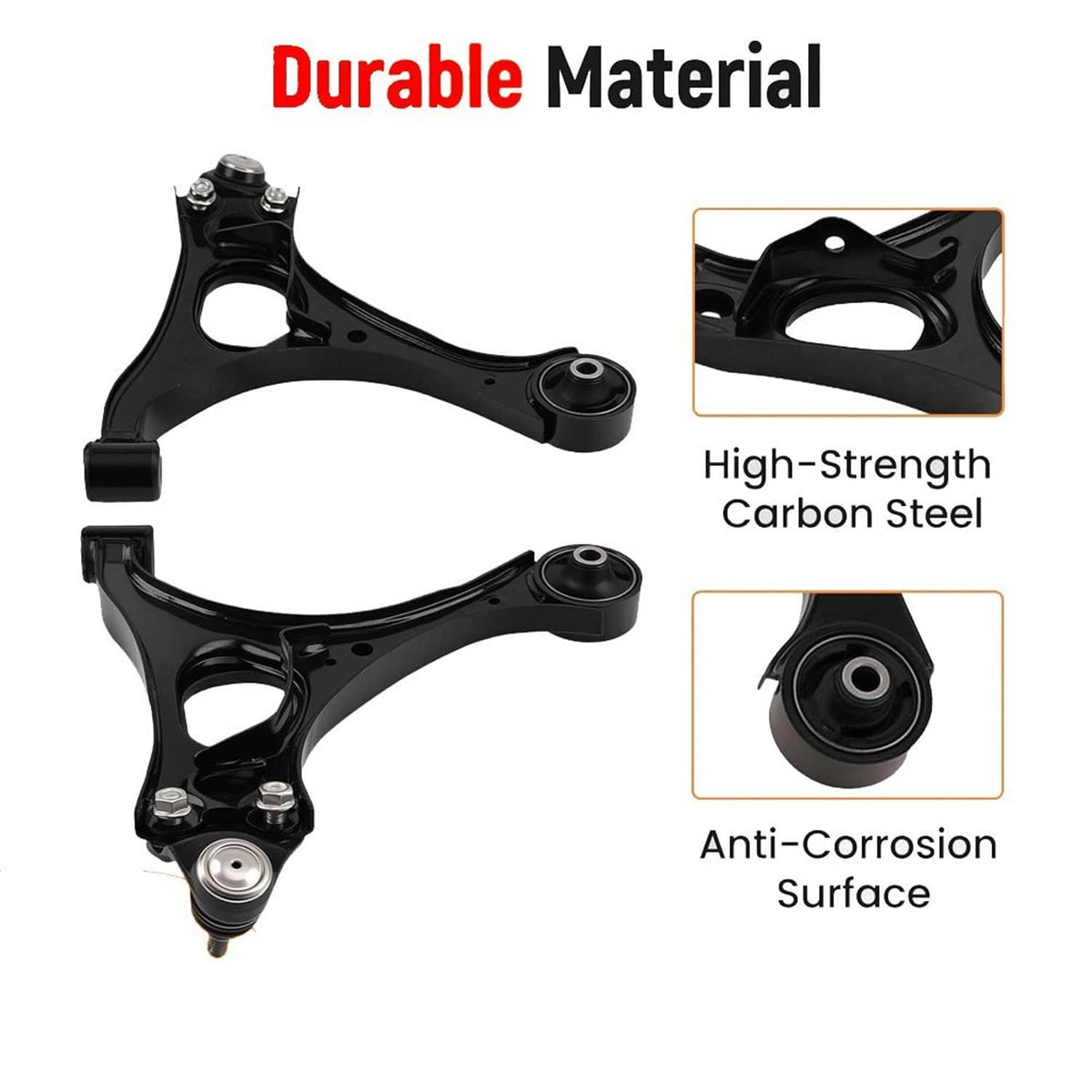 Black front lower control arms with ball joints and round pivot bushings