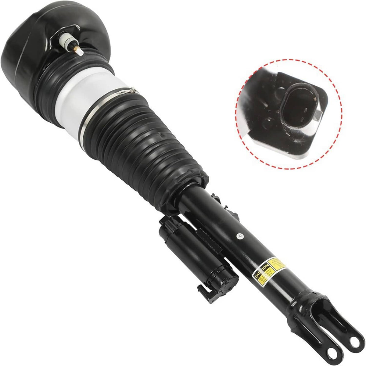Air suspension shock strut angled view with highlighted electrical connection area