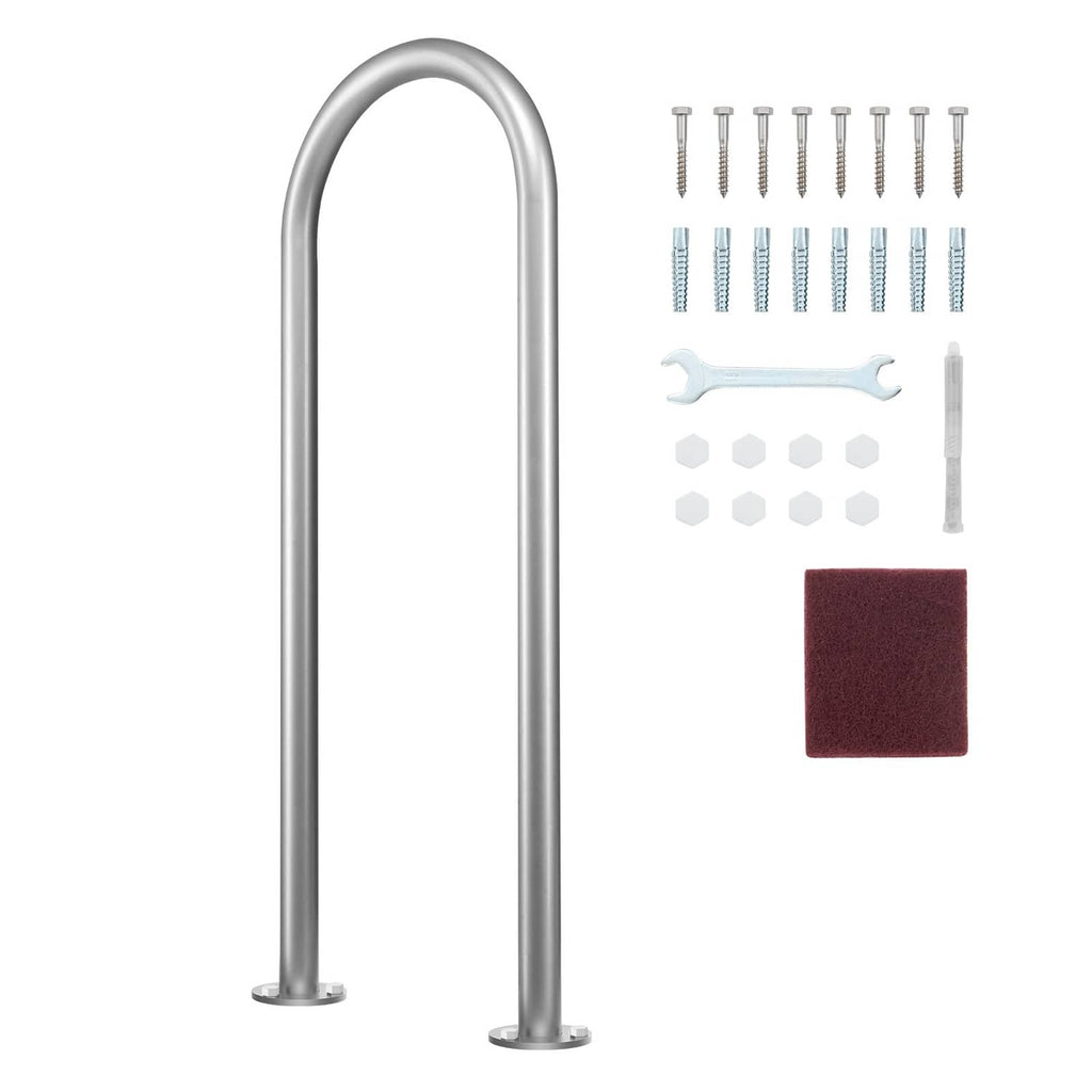 Aluminum U-shaped pool handrail with two flat base plates, silver-gray finish