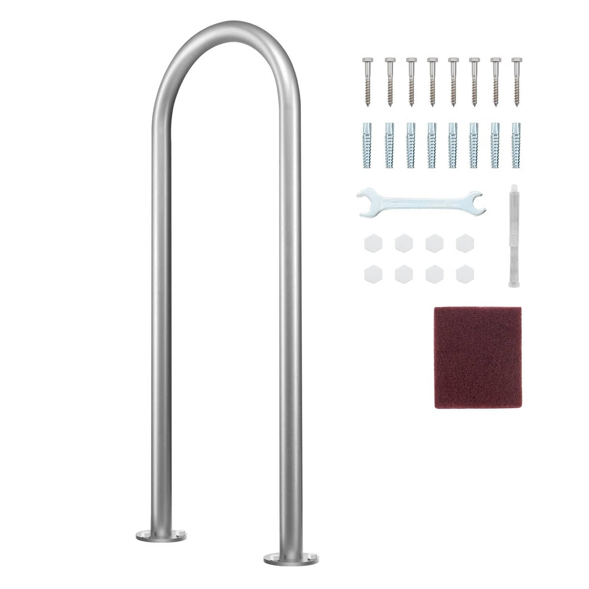 Aluminum U-shaped pool handrail with two flat base plates, silver-gray finish