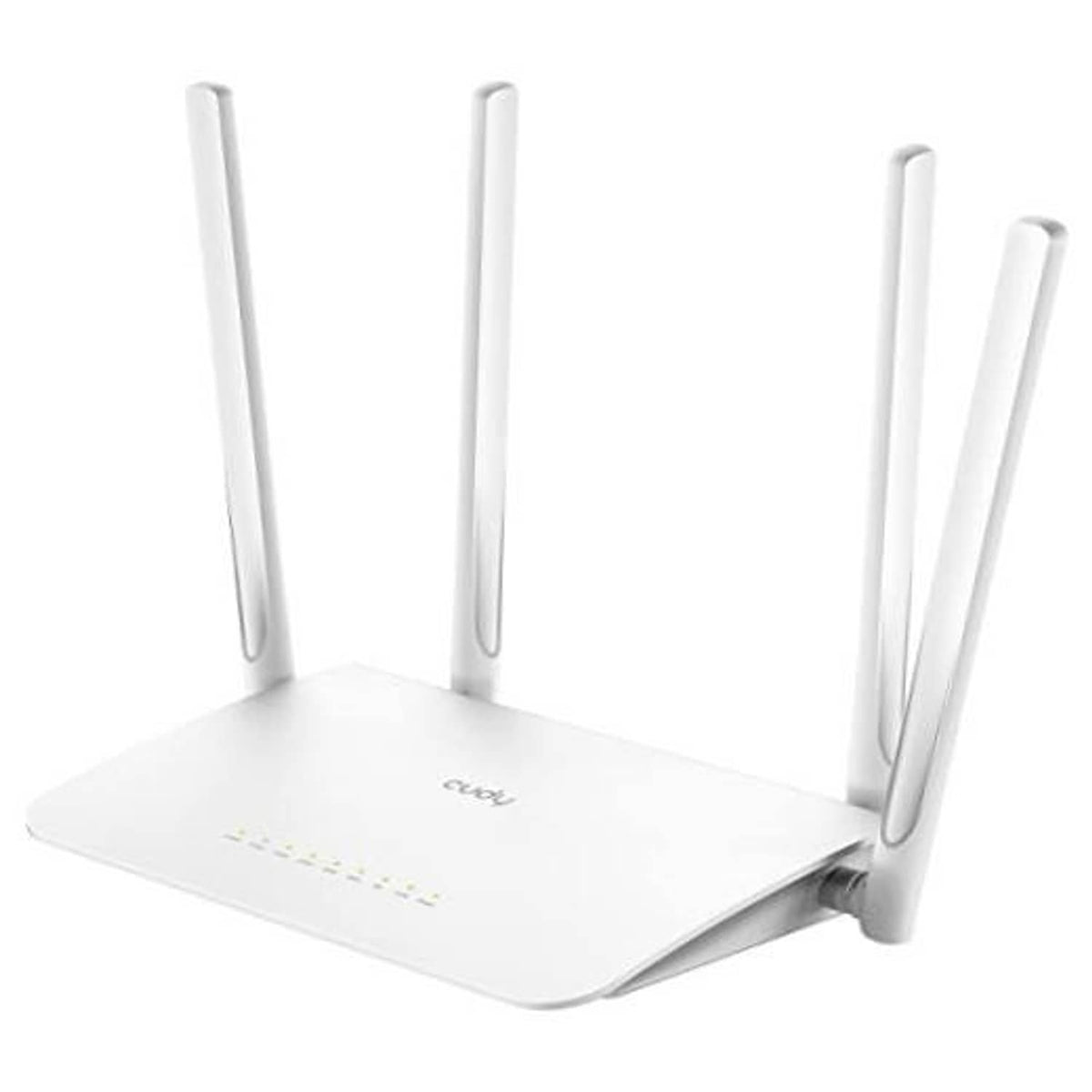 White dual-band Wi‑Fi router with four external antennas on a tabletop