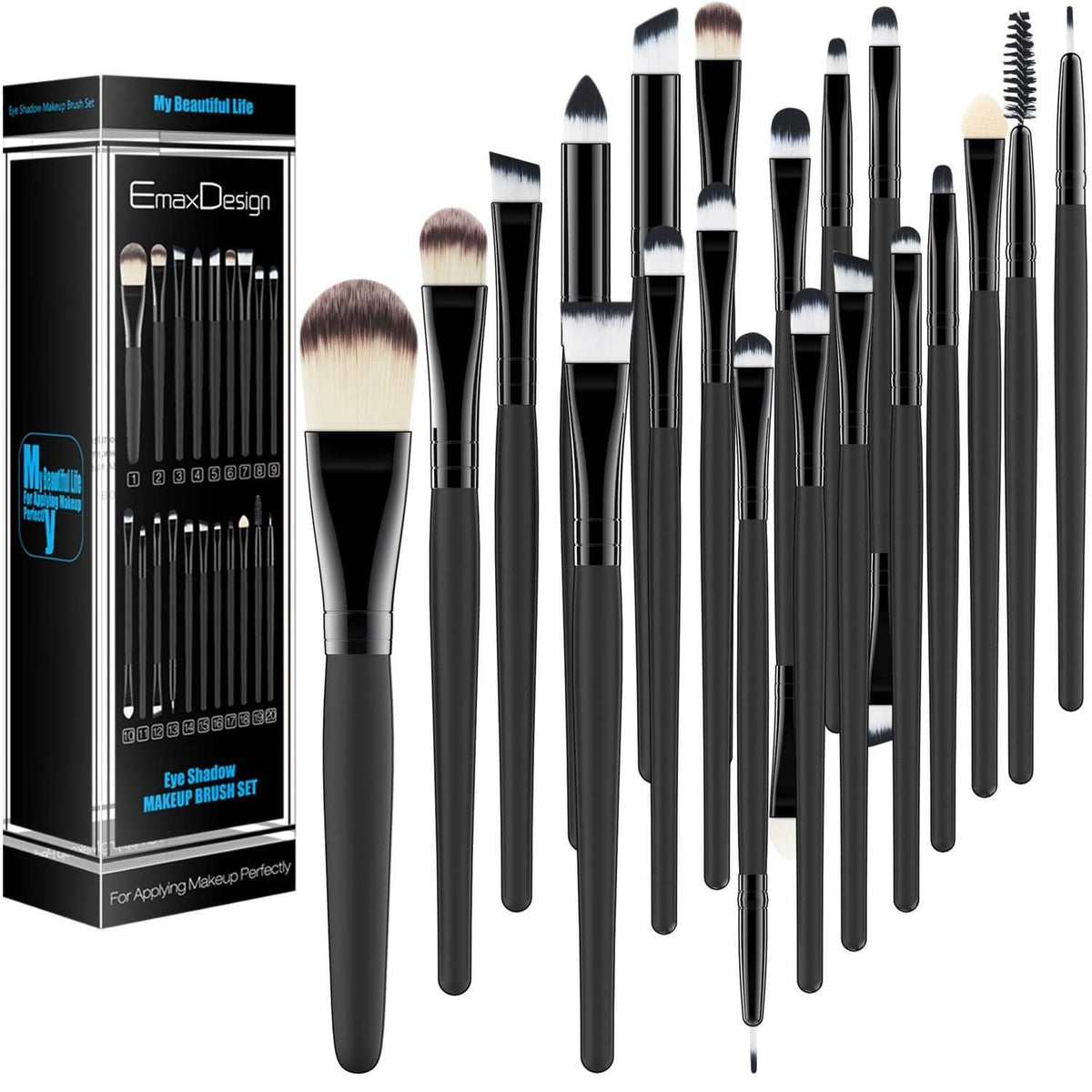 Makeup brushes and retail box, black handles with beige and white bristles