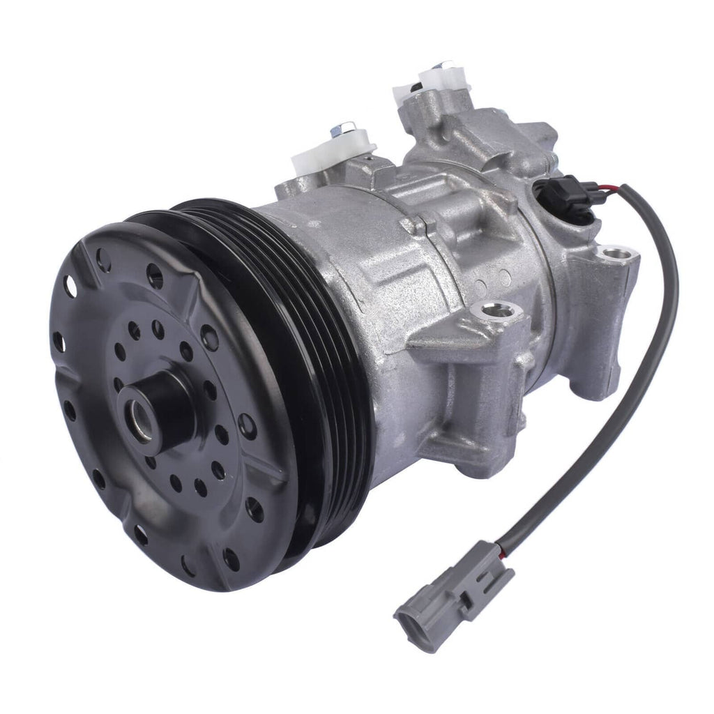 A/C compressor with silver body, black pulley, and electrical connector, three-quarter view