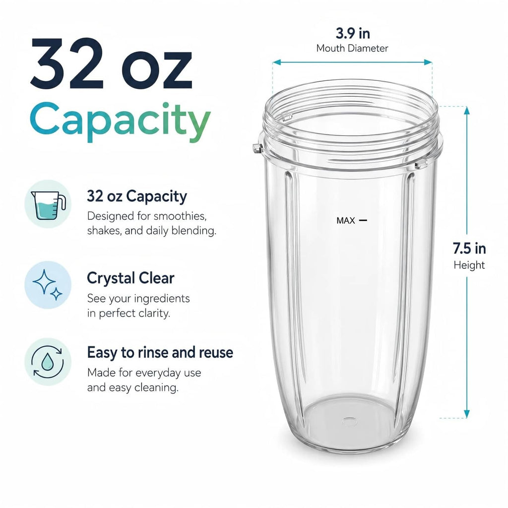 Clear 32 oz blender replacement cup, MAX line, threaded top