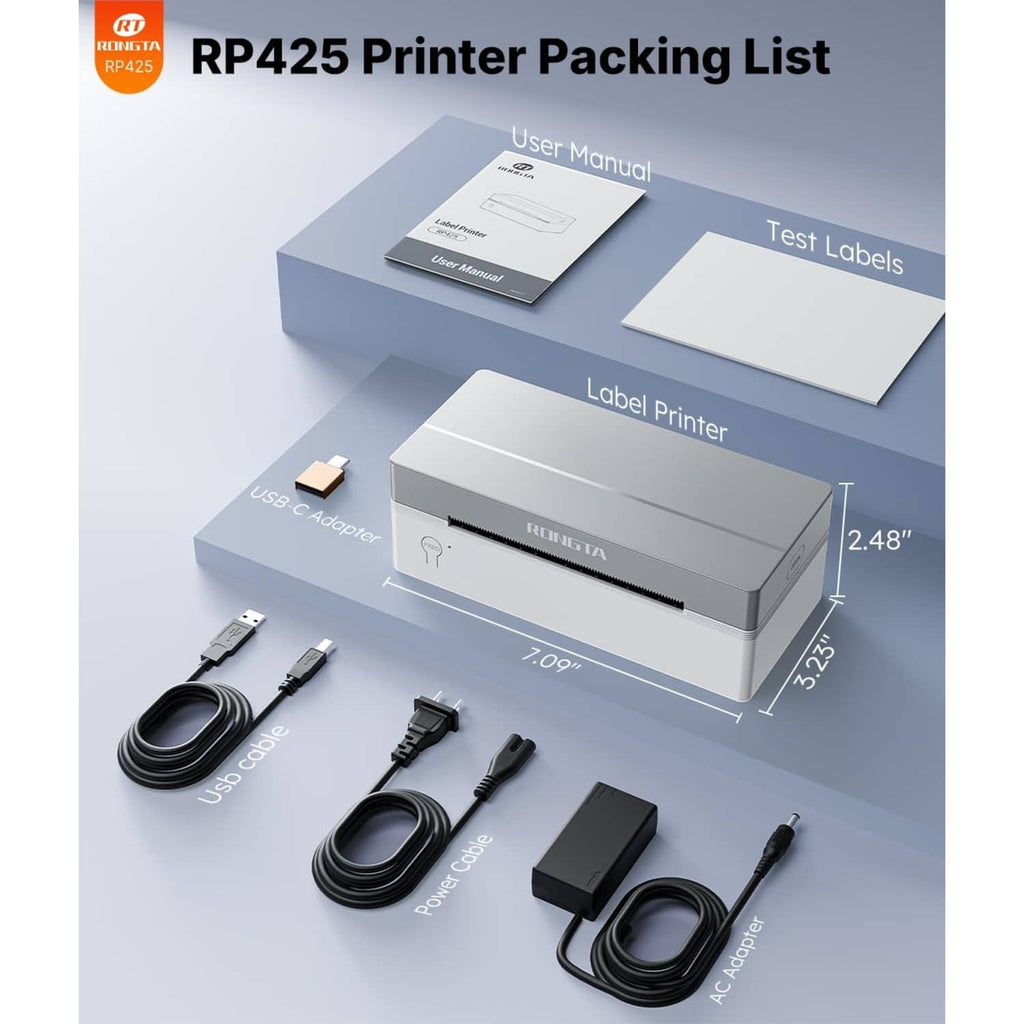Small white thermal label printer with cables, user manual, and test labels