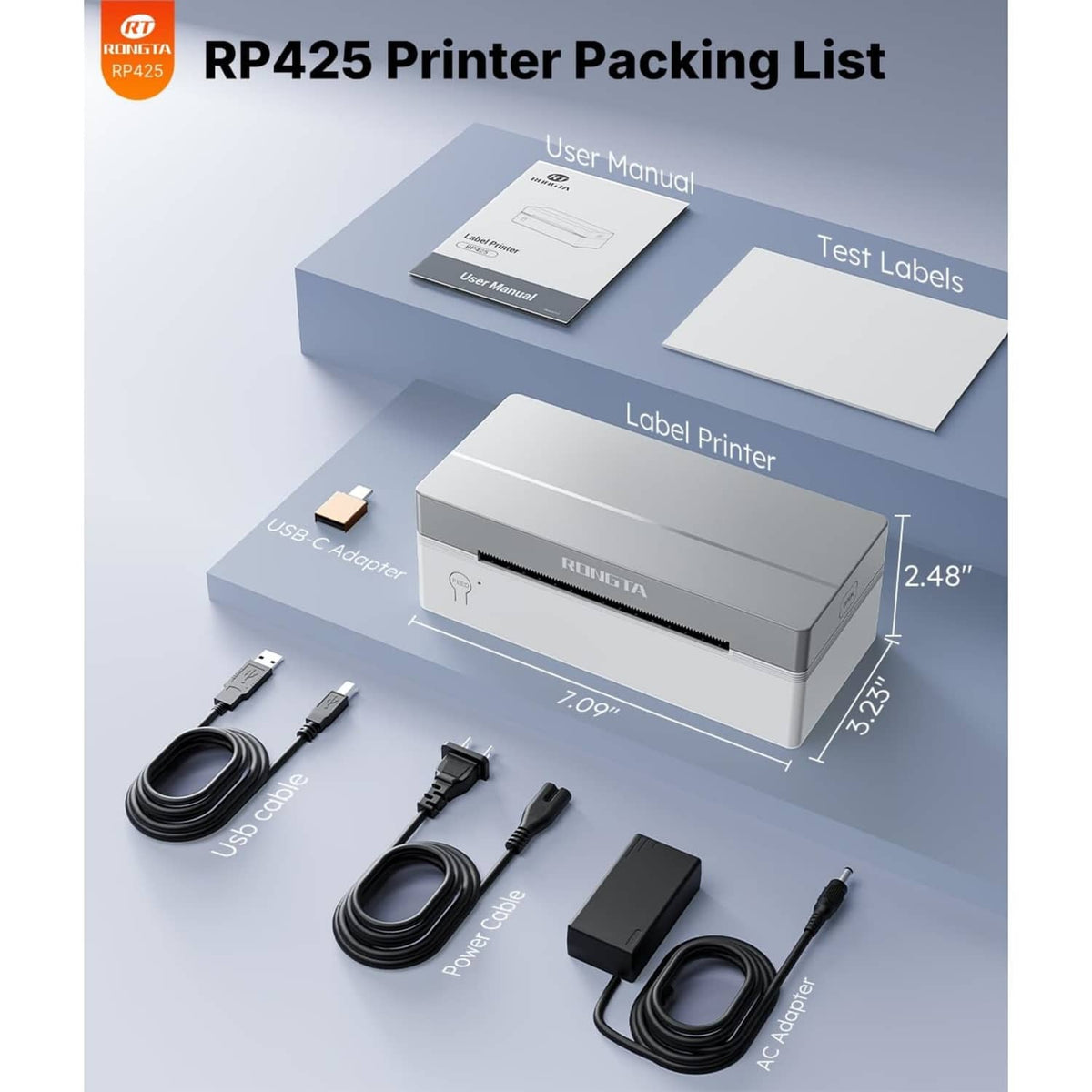 Small white thermal label printer with cables, user manual, and test labels