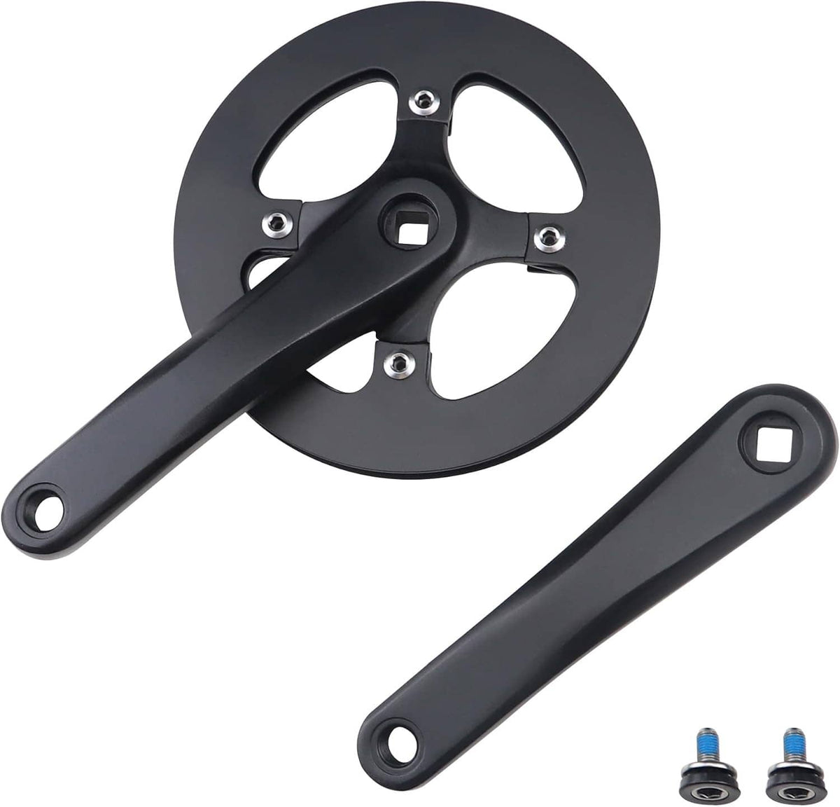 E-bike crankset with steel chainring and aluminum arms, black, with axle bolts