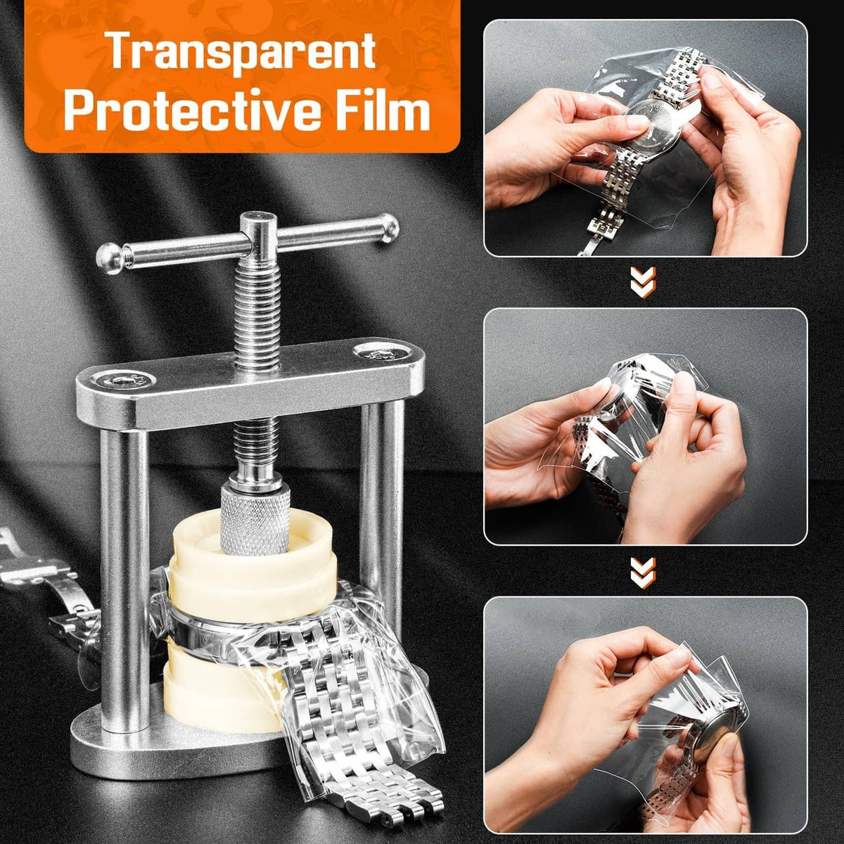 Watch press tool with beige mold and transparent protective film for watches