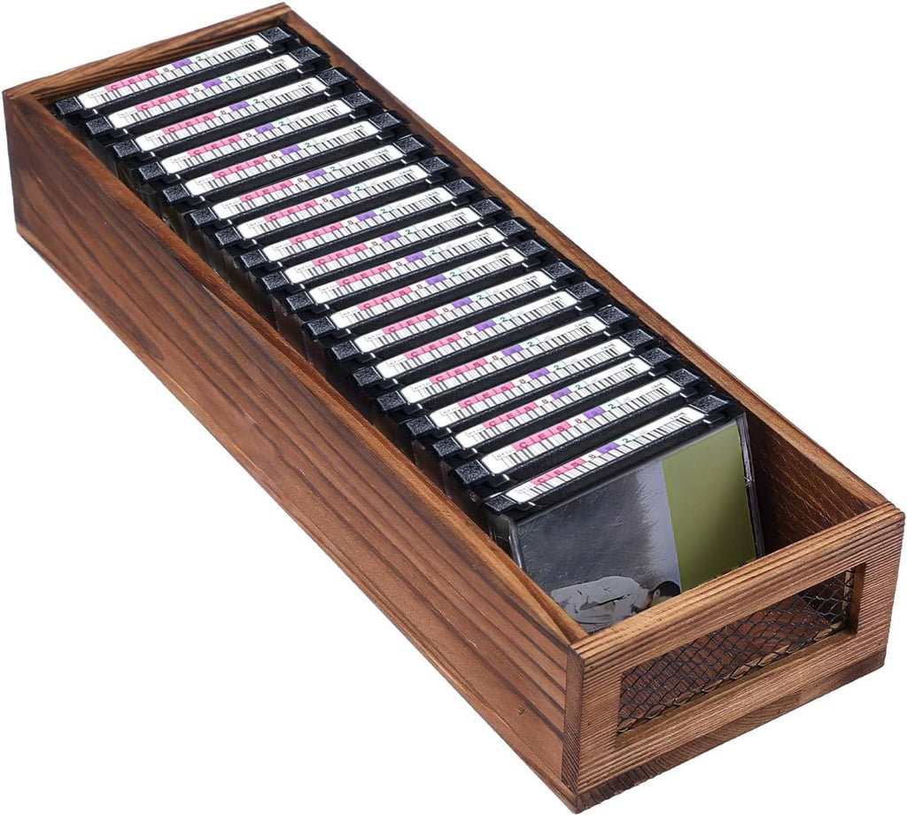 Wooden cassette tape storage case with wire mesh side and cassette tapes inside