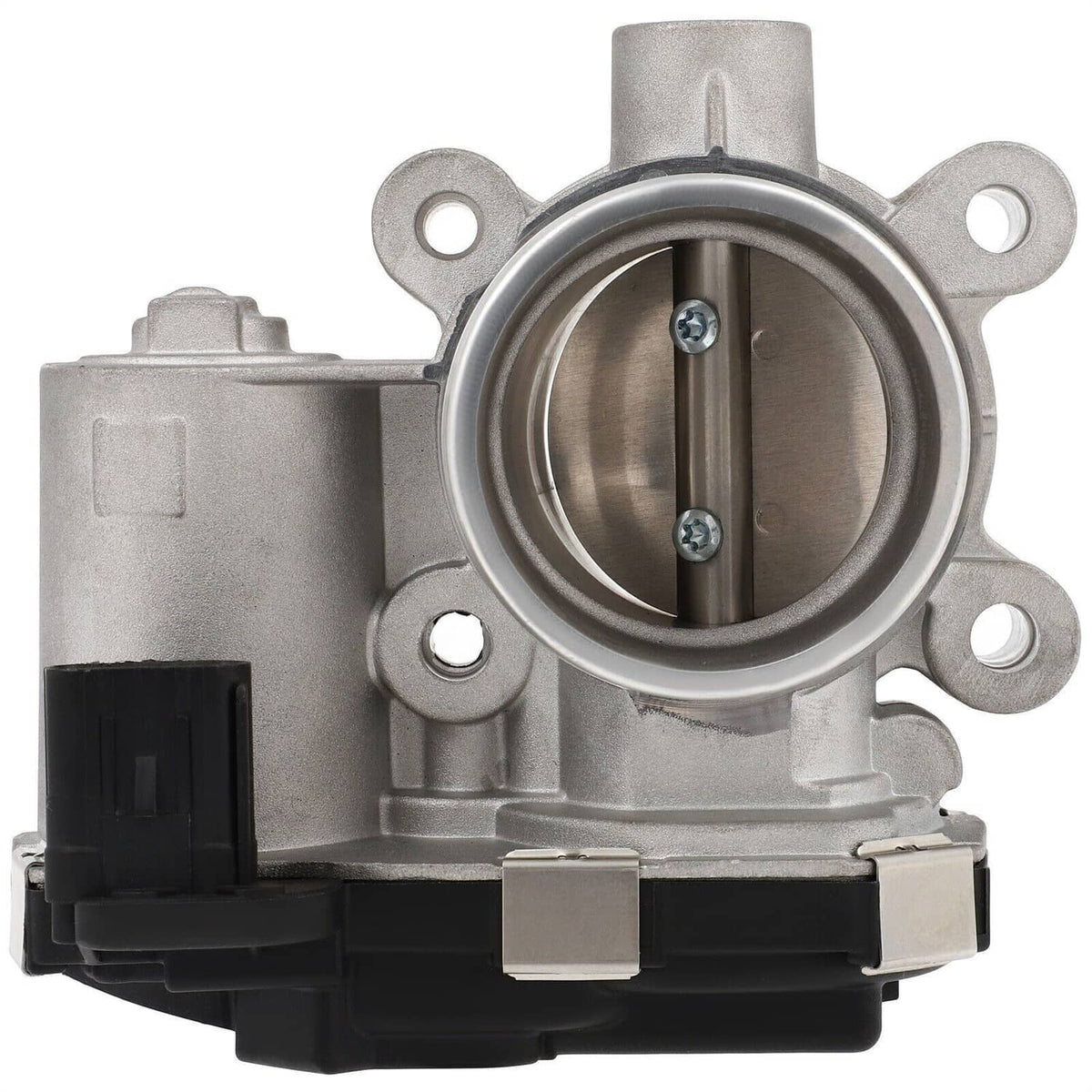 Throttle body with silver housing and visible throttle valve and mounting holes