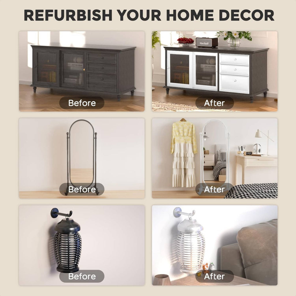 Metallic white acrylic paint shown on furniture cabinet and mirror before/after