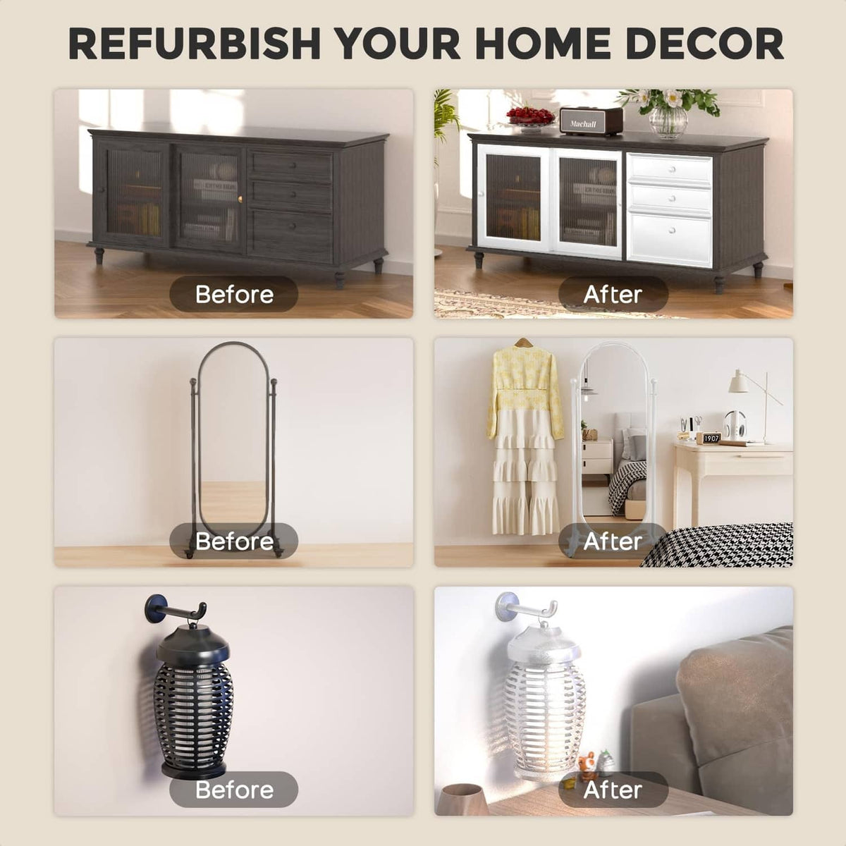 Metallic white acrylic paint shown on furniture cabinet and mirror before/after