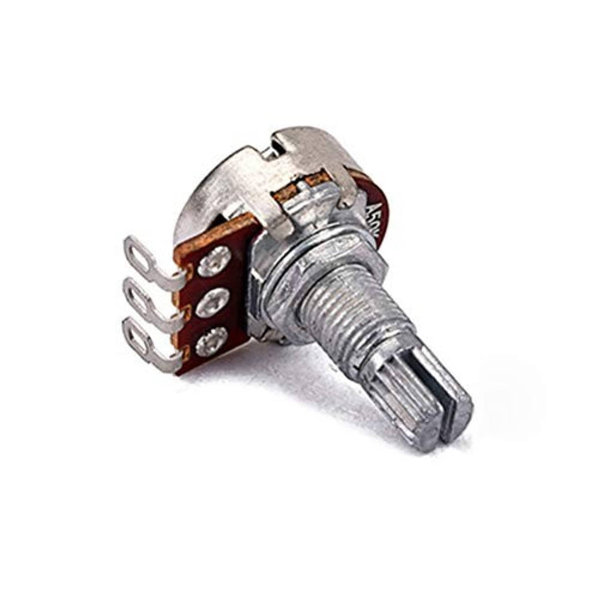 Potentiometer with split shaft and side solder lugs, metal housing, close-up
