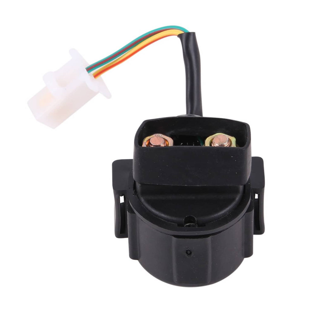 Starter solenoid relay with multi-wire connector and two screw terminals, black plastic body