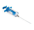 Blue tubeless sealant injector with long nozzle and metal outlet tip